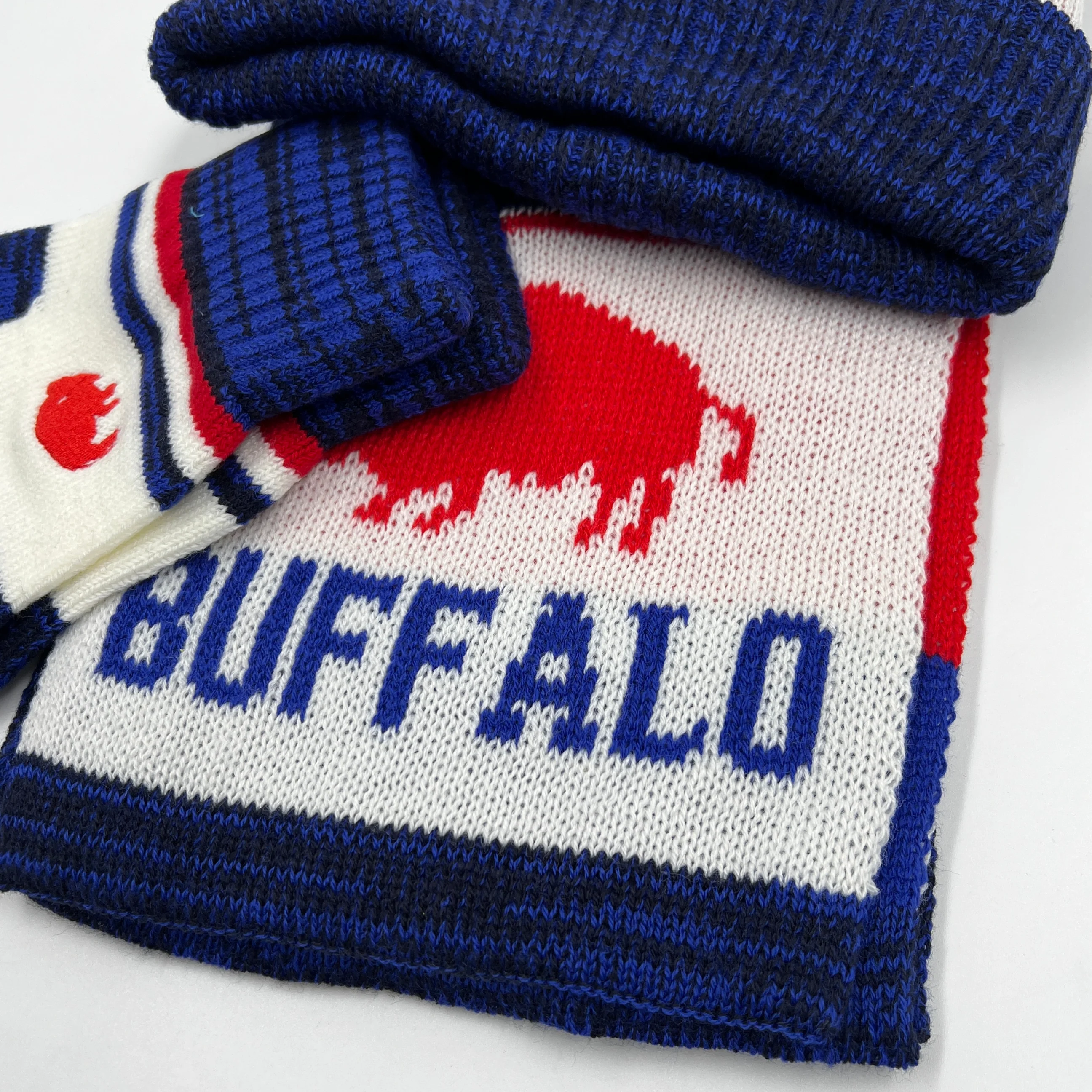Buffalo 716 Red, White, and Blue Hat, Gloves, and Scarf Set - Image 3