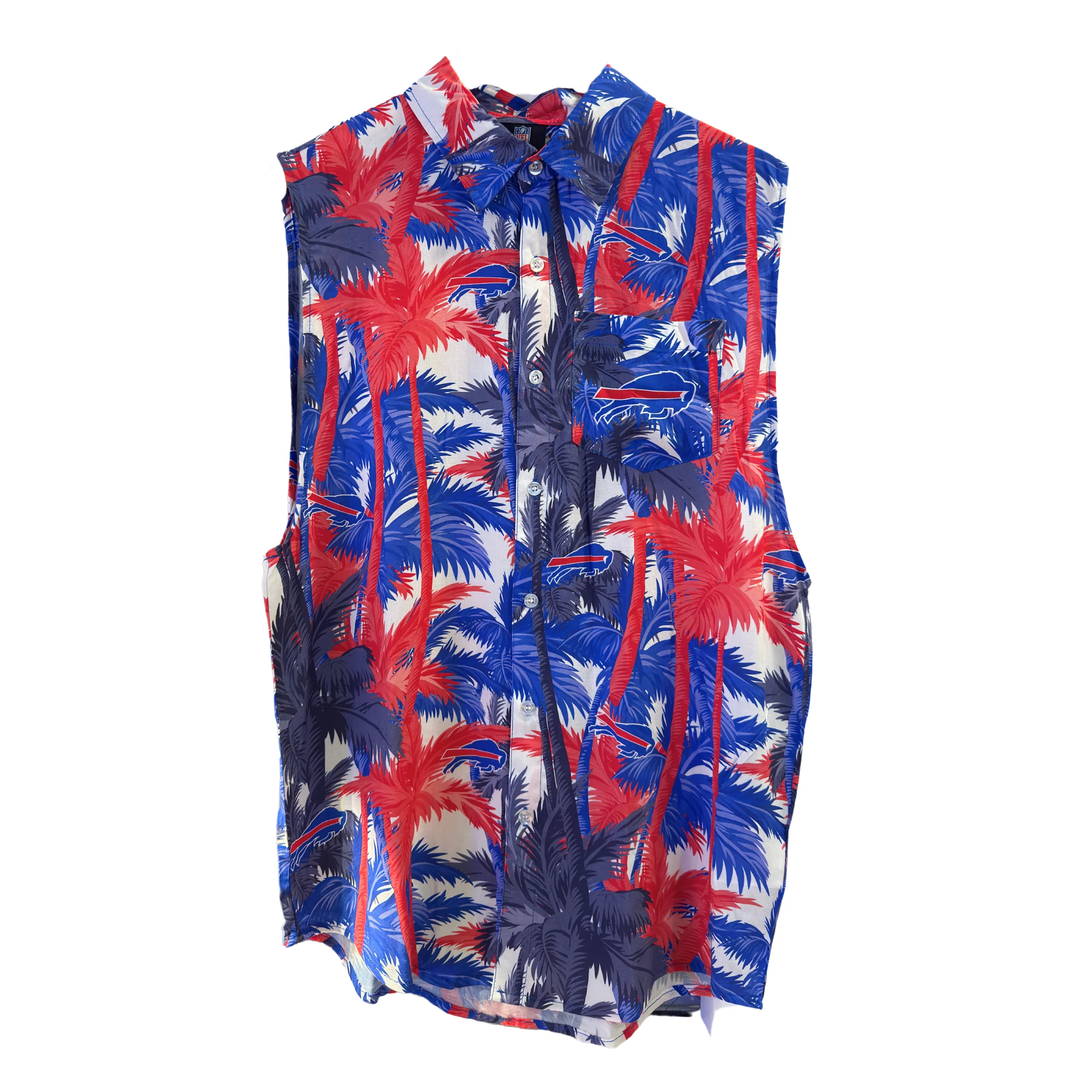Buffalo Bills Red & Blue Palm Trees Sleeveless Button Up
