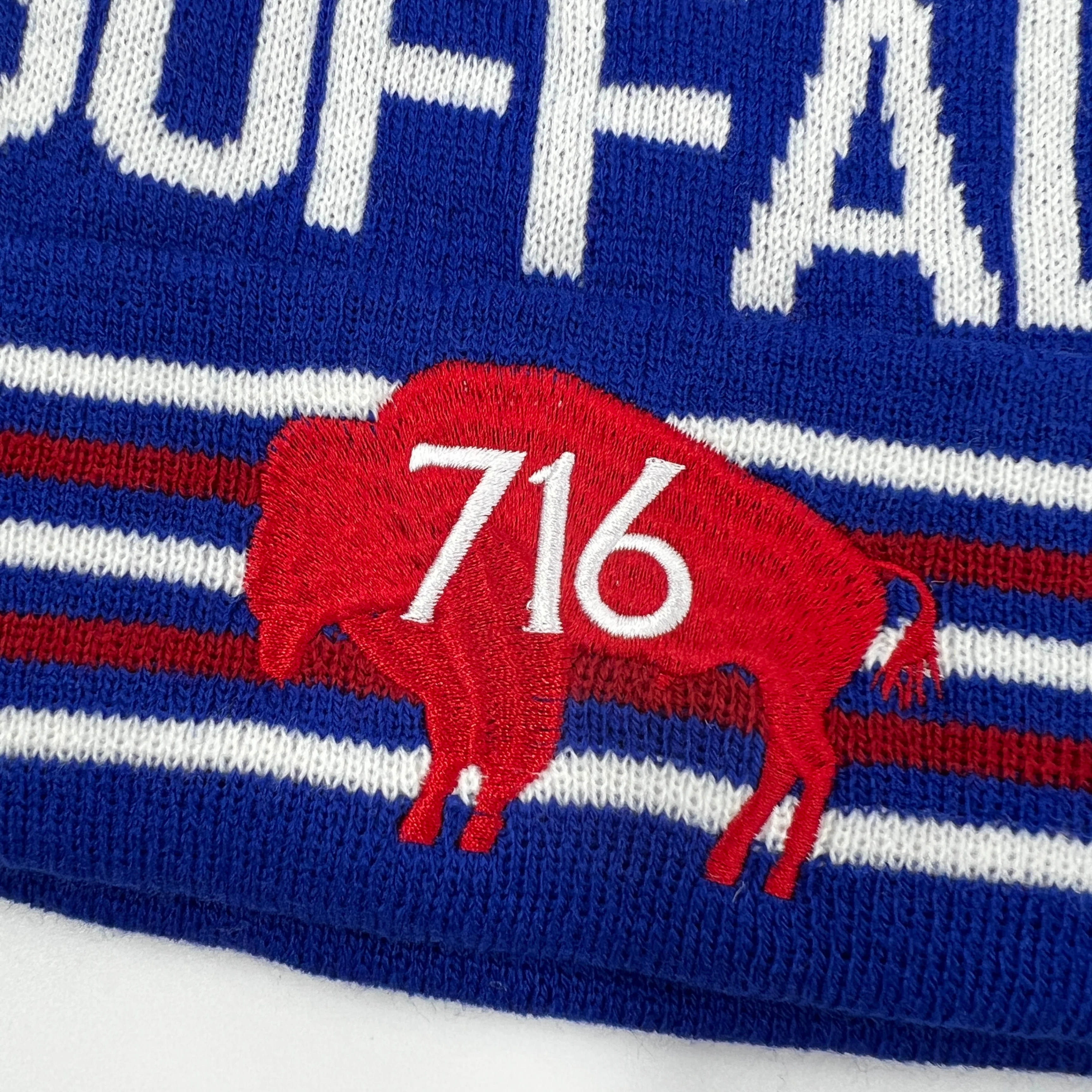 Buffalo Red, White, and Blue Knit Pom Pom Winter Hat - Image 3