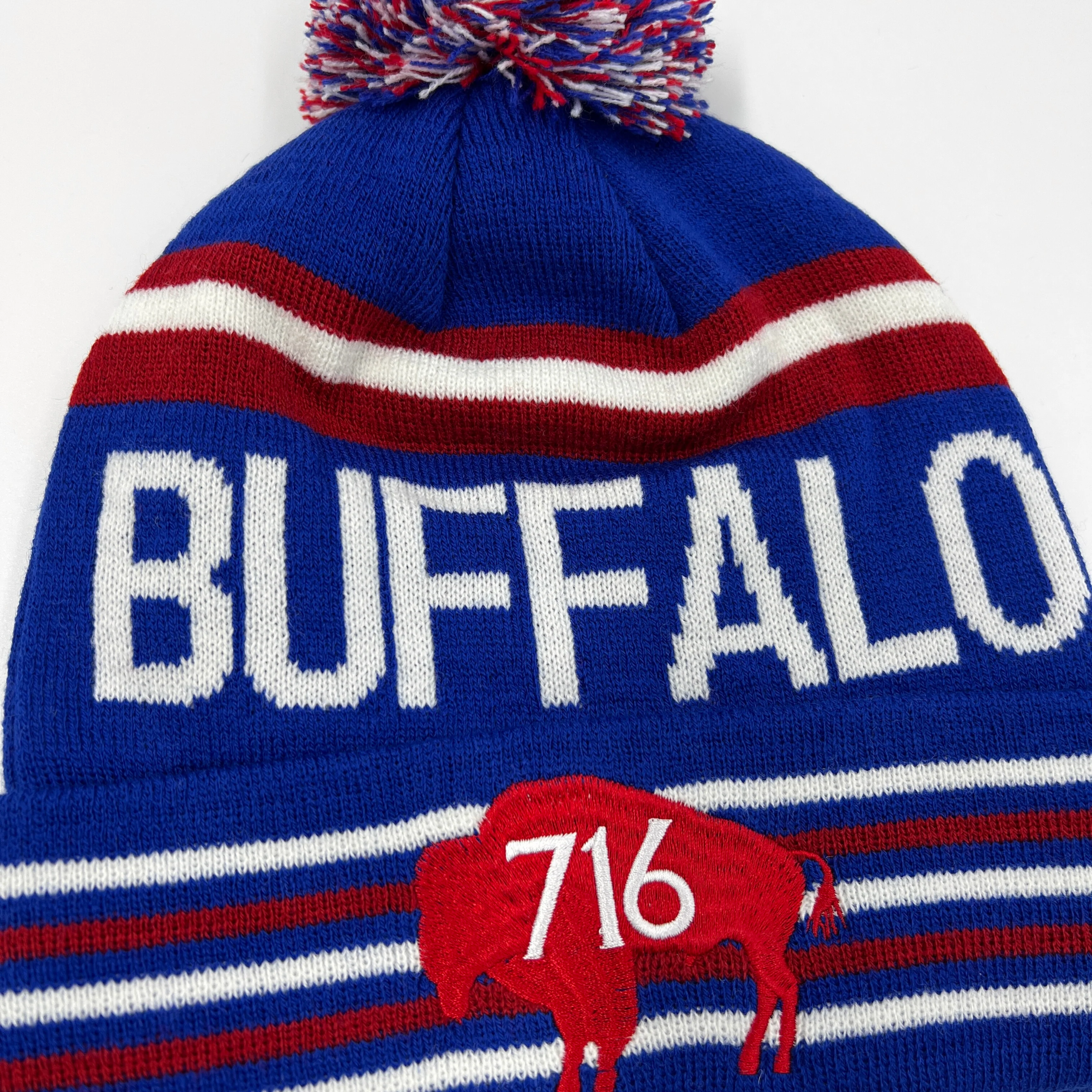 Buffalo Red, White, and Blue Knit Pom Pom Winter Hat - Image 4