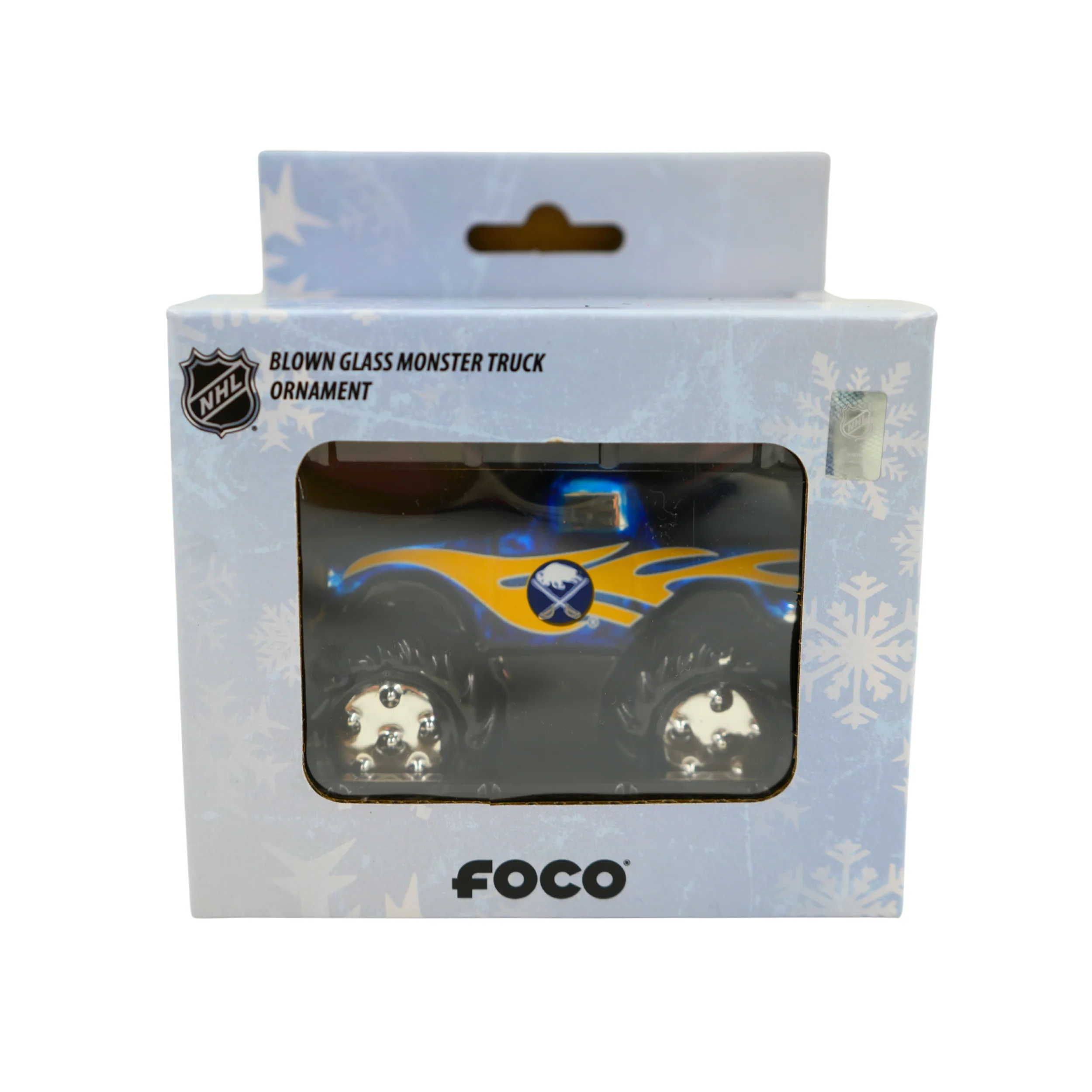 Buffalo Sabres Blown Glass Monster Truck Ornament