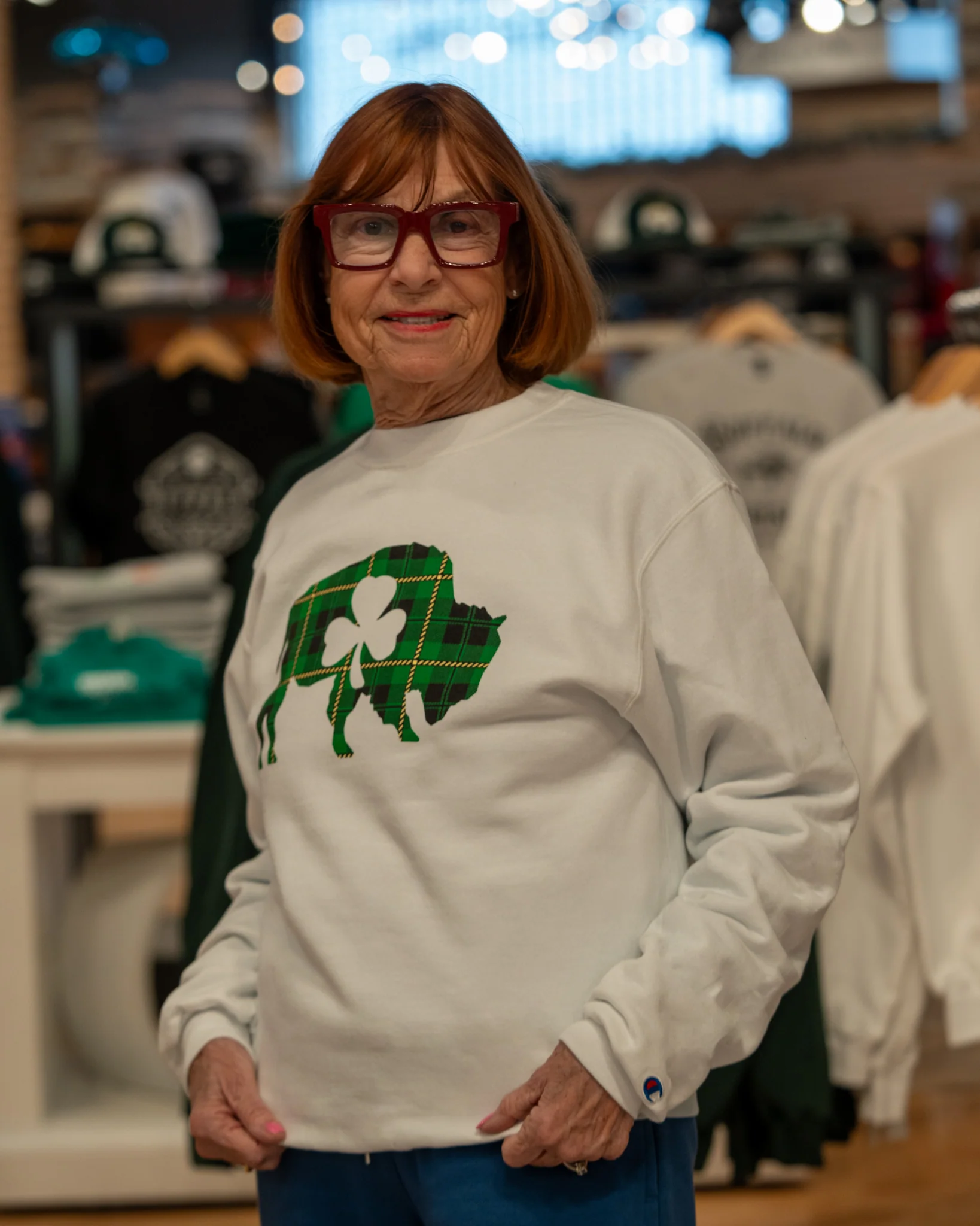 Green Plaid Buffalo With Shamrock White Crewneck - Image 3