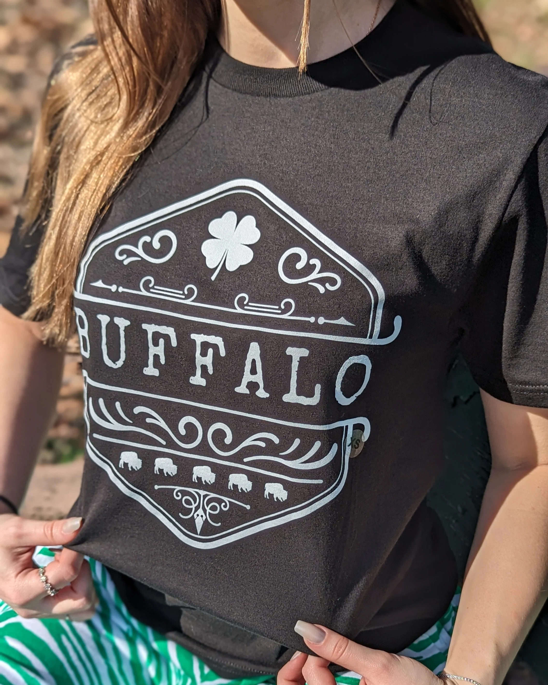 Vintage Buffalo Design With Clover Black Short Sleeve Shirt - Image 3