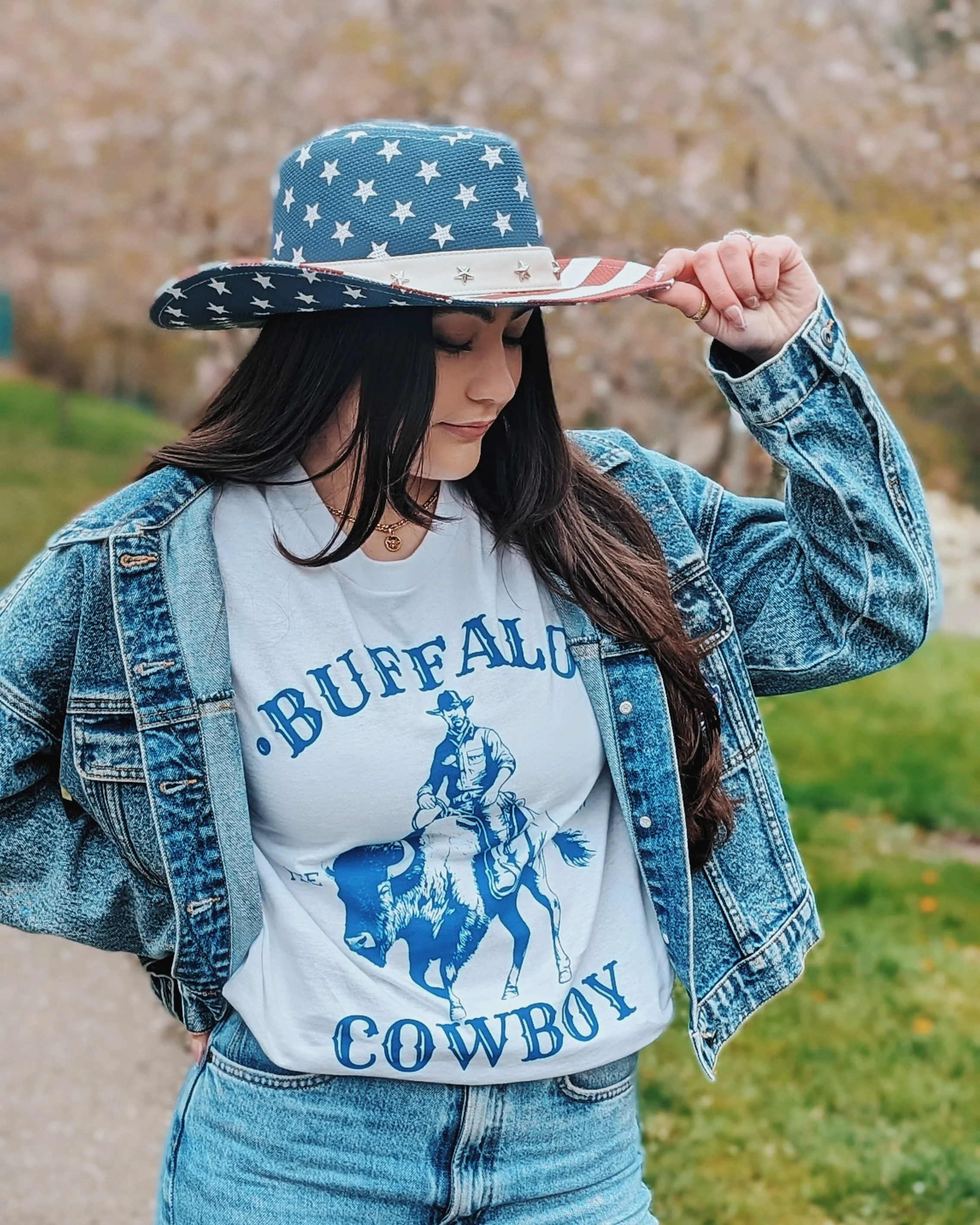 Women's Buffalo Bills Oversized Cropped Denim Jacket - Image 9
