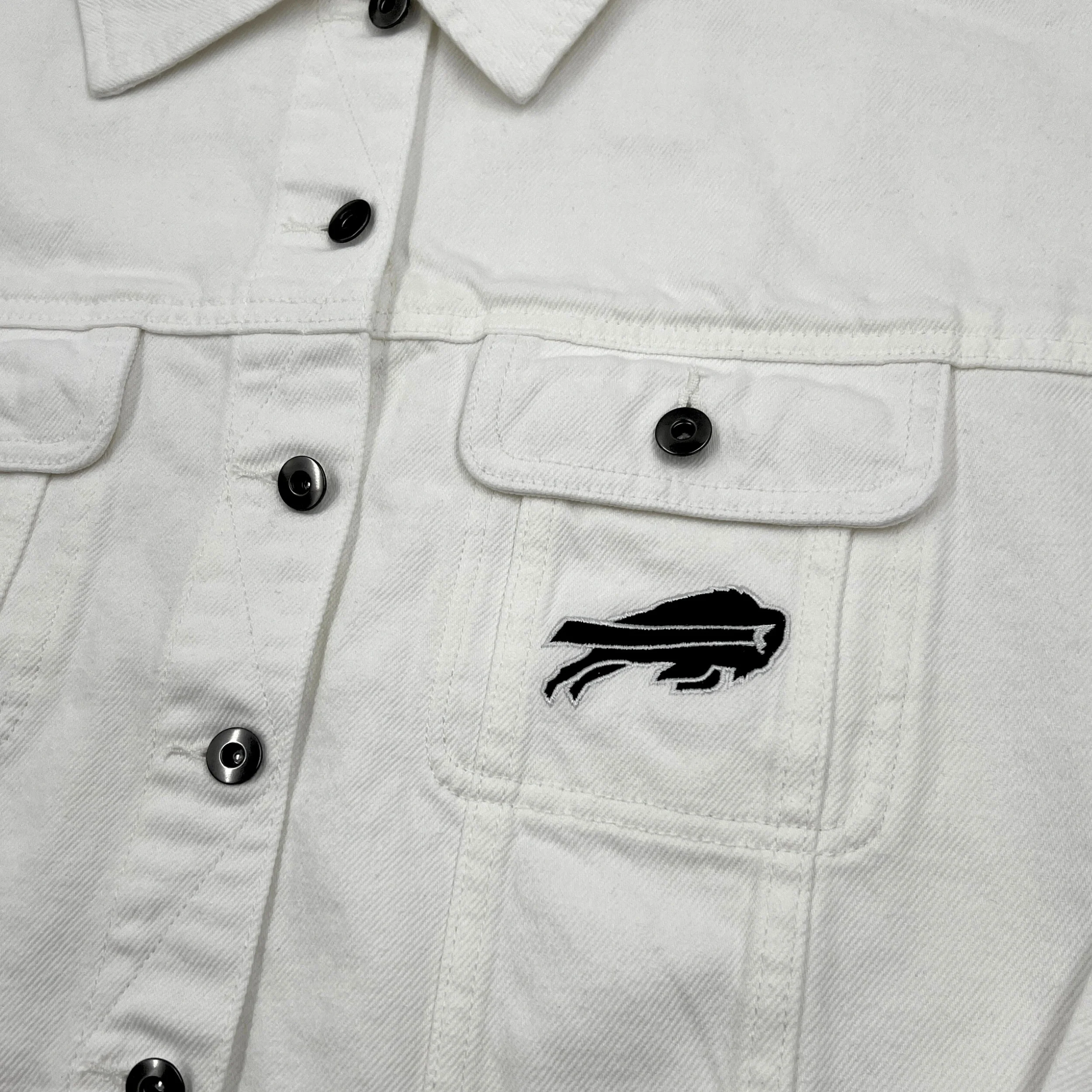 Women's Buffalo Bills Oversized Cropped White Denim Jacket - Image 3