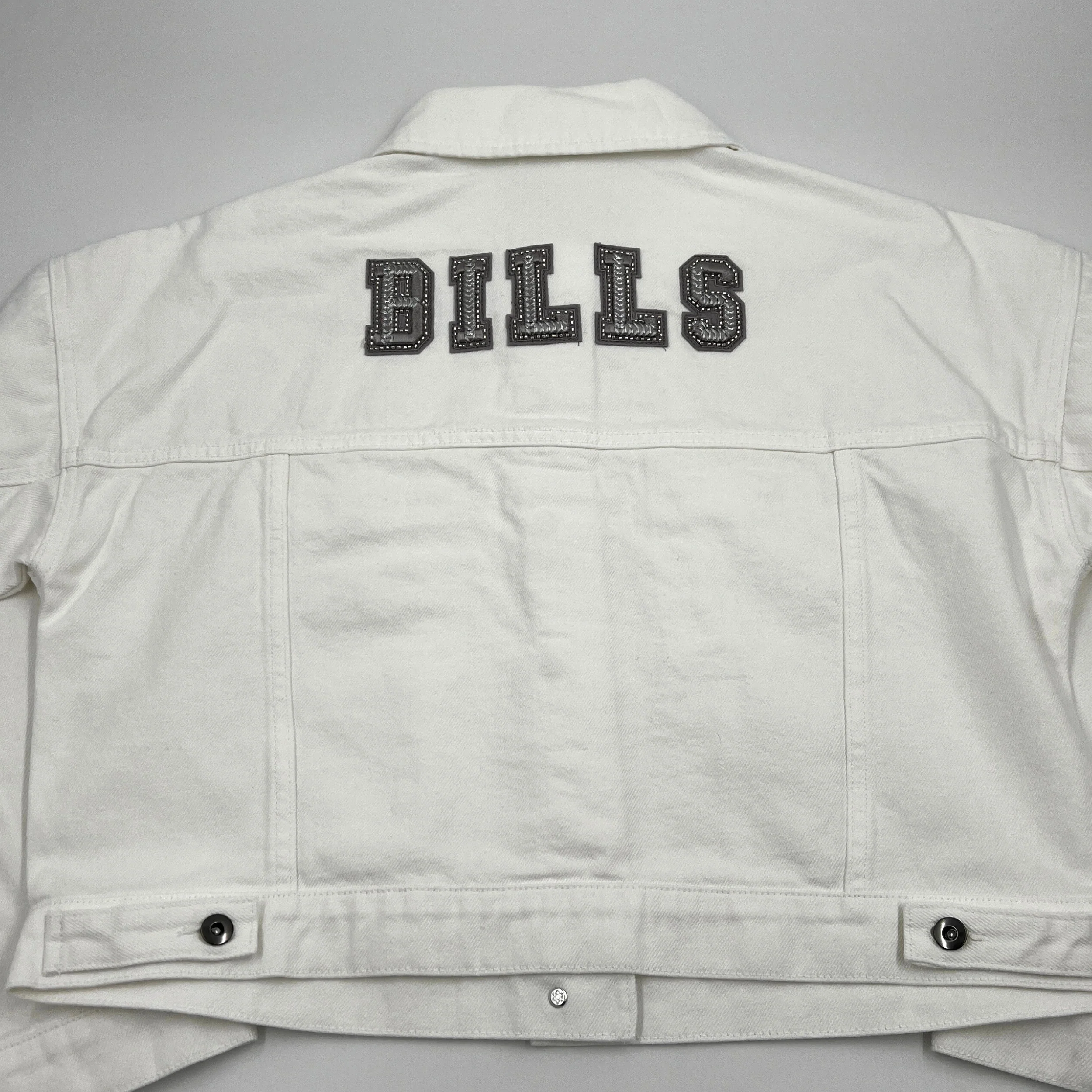 Women's Buffalo Bills Oversized Cropped White Denim Jacket - Image 6