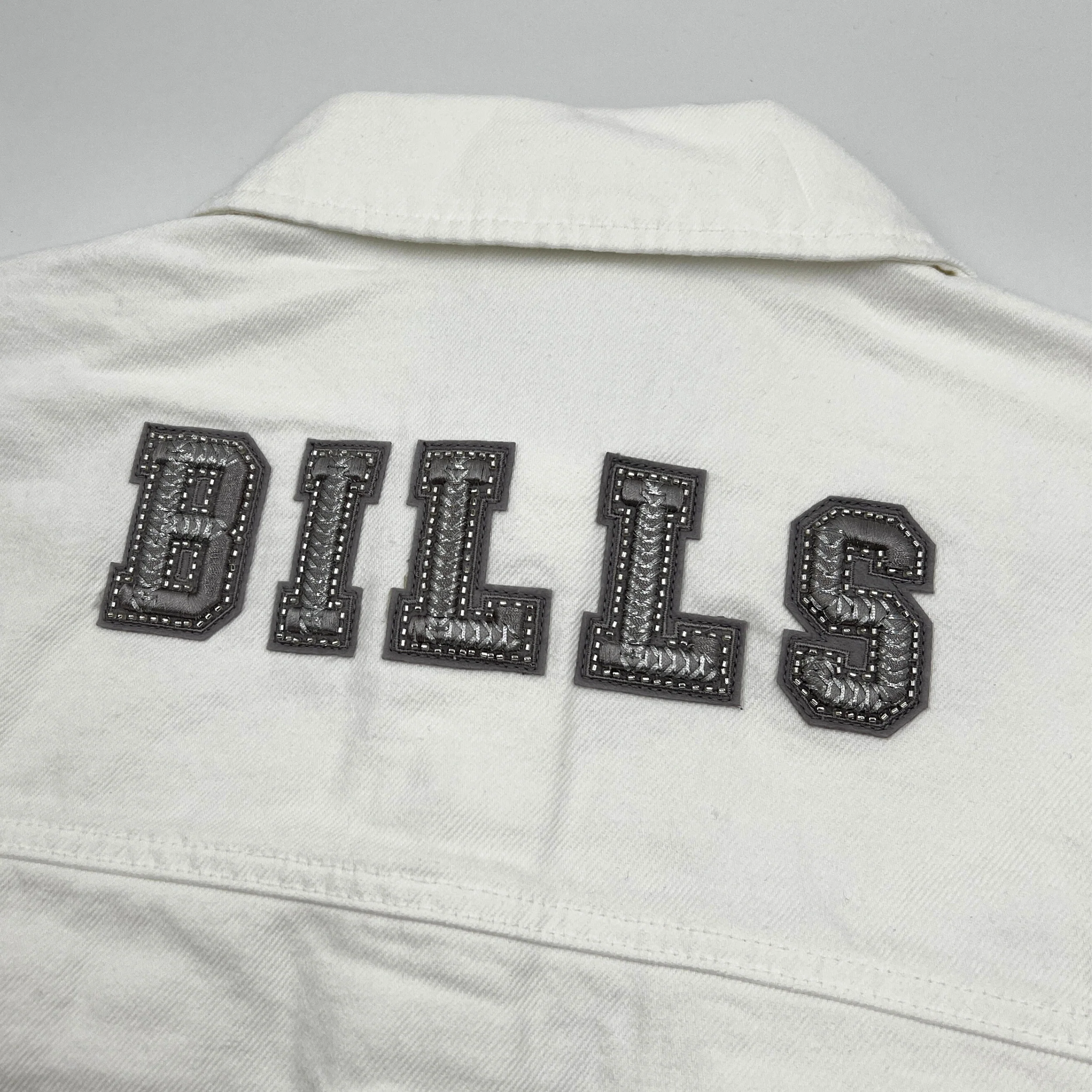 Women's Buffalo Bills Oversized Cropped White Denim Jacket - Image 7