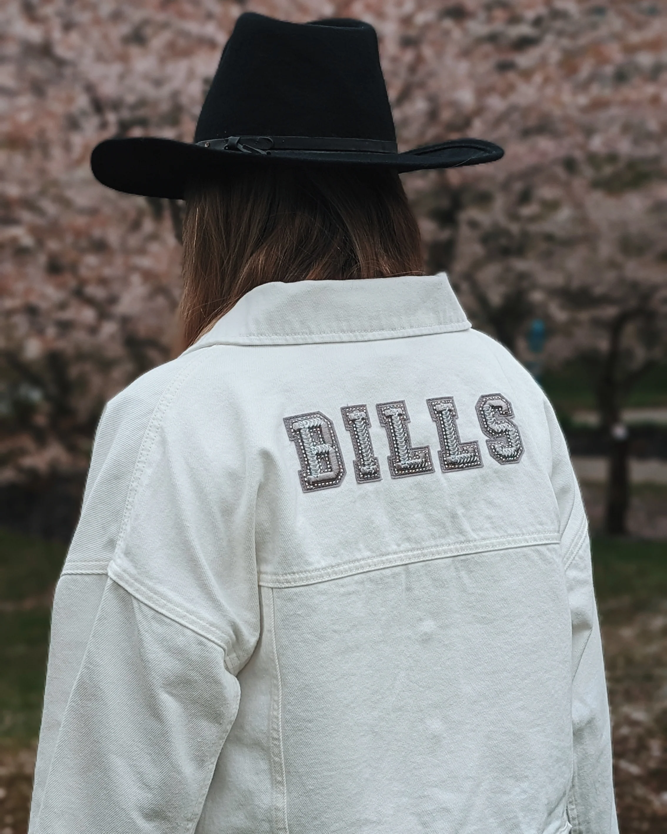 Women's Buffalo Bills Oversized Cropped White Denim Jacket - Image 9