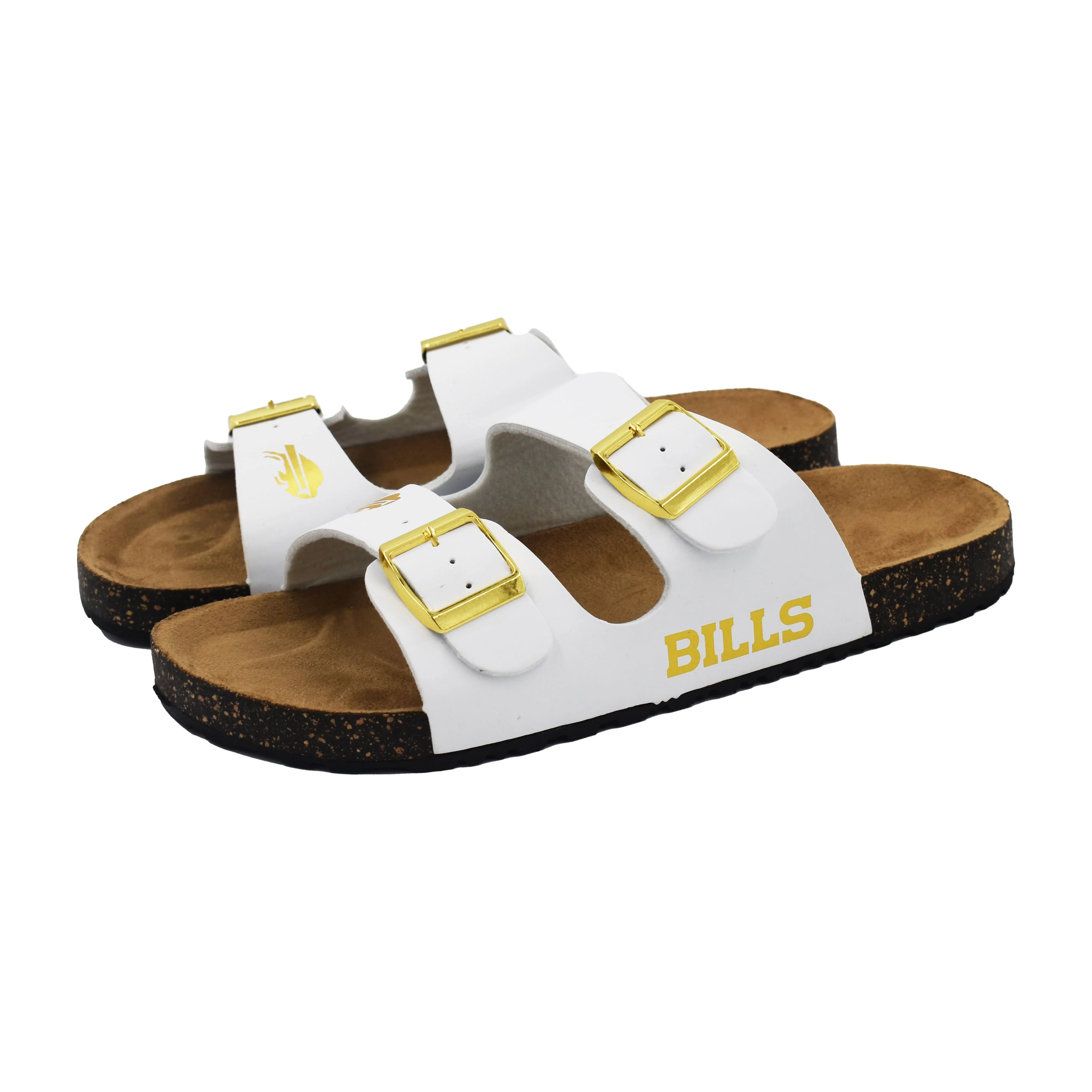 Women's Buffalo Bills White And Gold Double Buckle Sandal