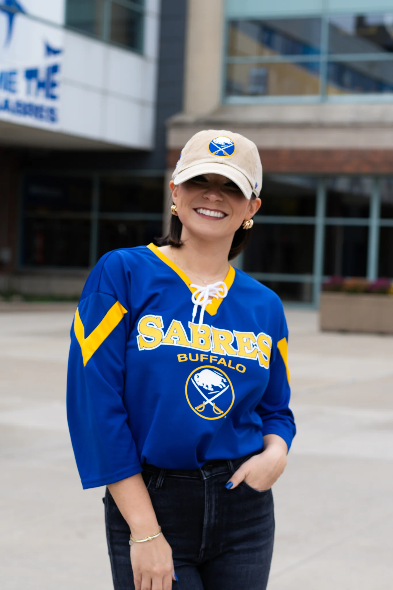 Women's Buffalo Sabres Royal Lace Up Starter Three Quarter Sleeve Shirt - Image 3