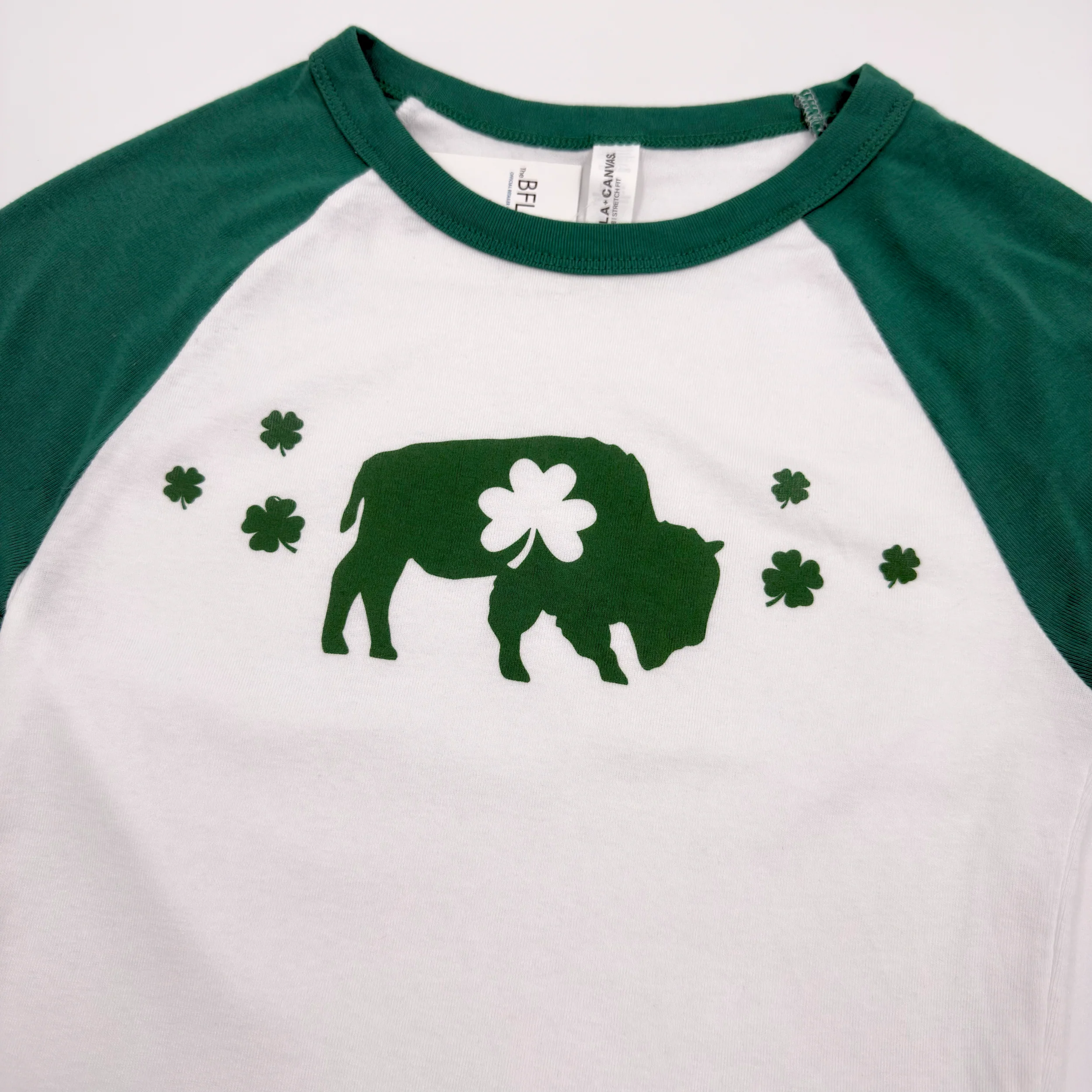 Women's Buffalo With Clovers White & Green Baby Tee - Image 3