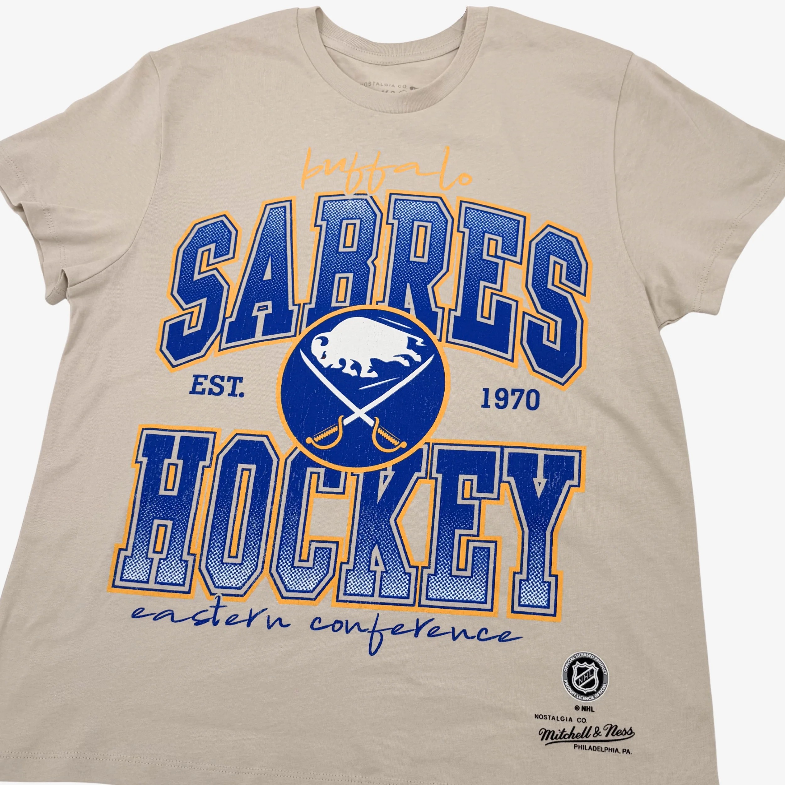 Women's Mitchell & Ness Cream Buffalo Sabres Dump & Chase Boyfriend T-Shirt - Image 3