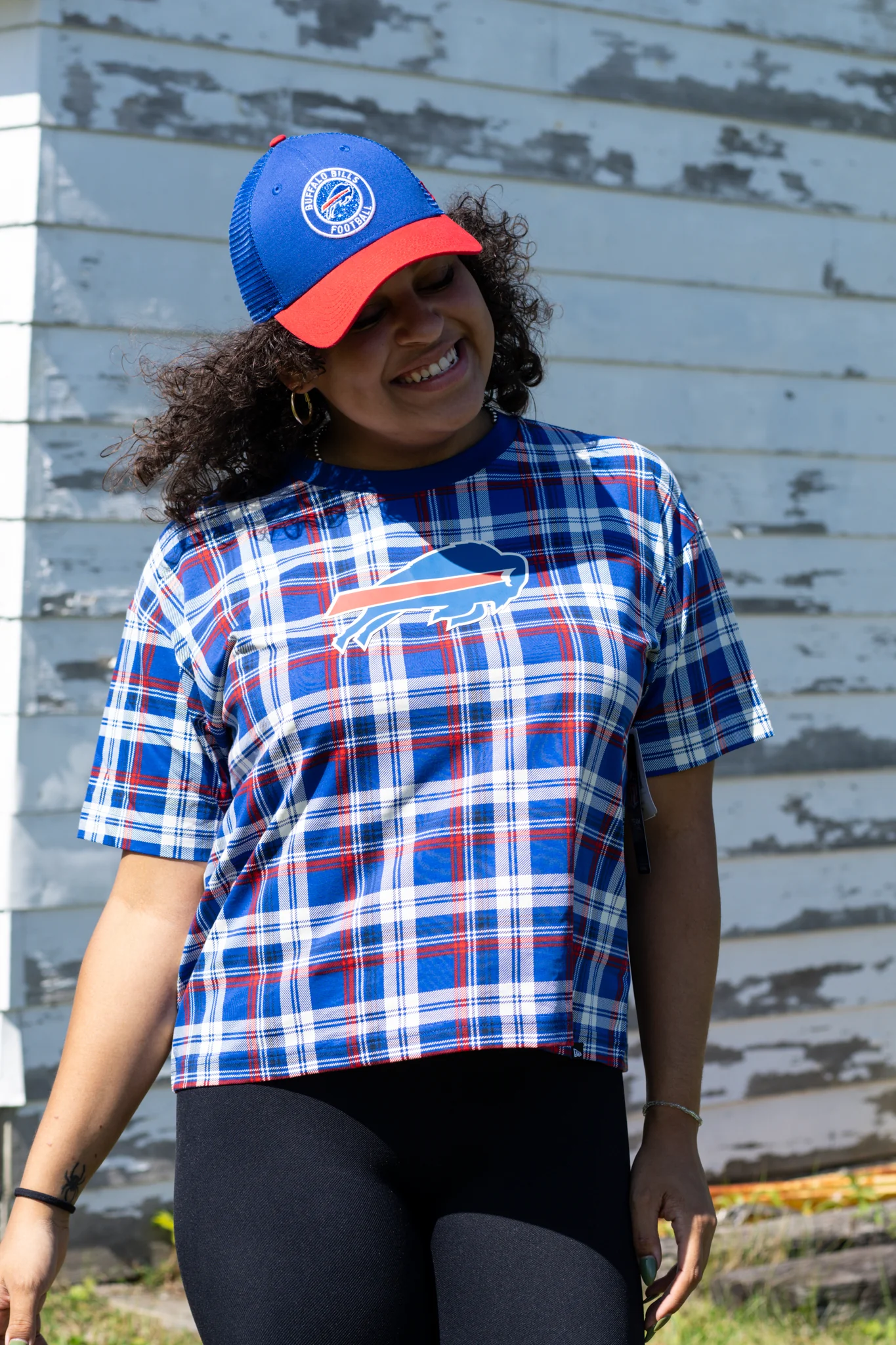 Women's New Era Bills 3rd Down Plaid Cropped T-Shirt - Image 7