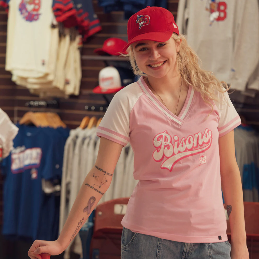 Women's New Era Buffalo Bisons Glitter Pink & White V-Neck - Image 2