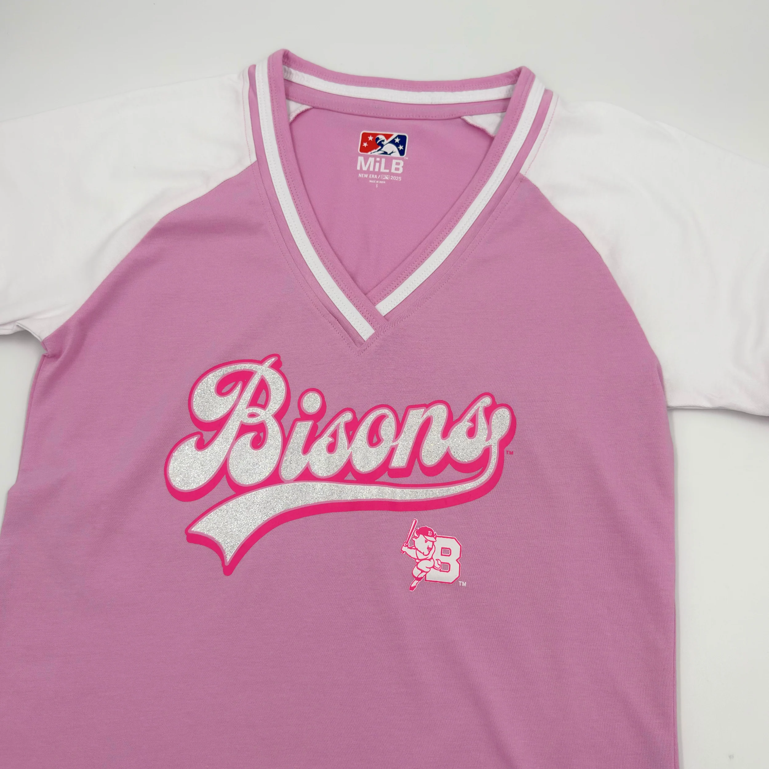 Women's New Era Buffalo Bisons Glitter Pink & White V-Neck - Image 3