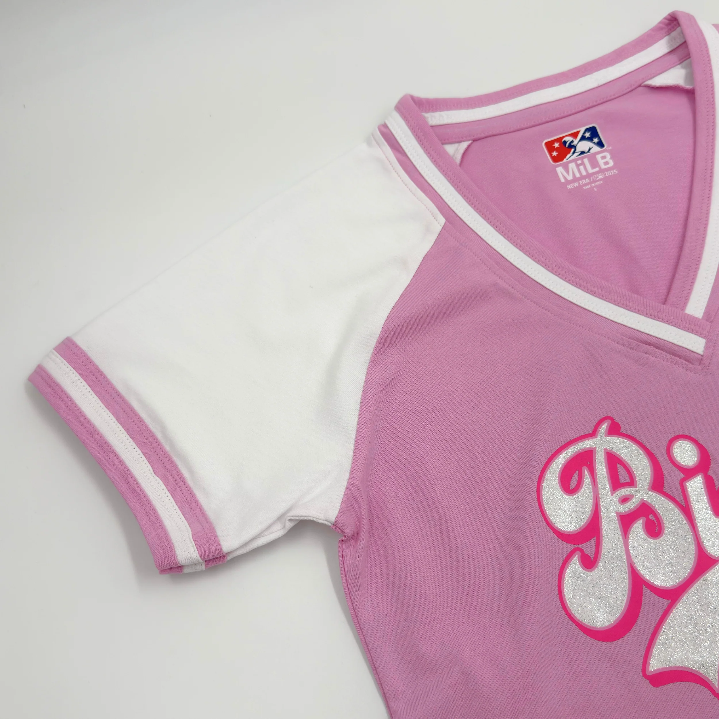 Women's New Era Buffalo Bisons Glitter Pink & White V-Neck - Image 4