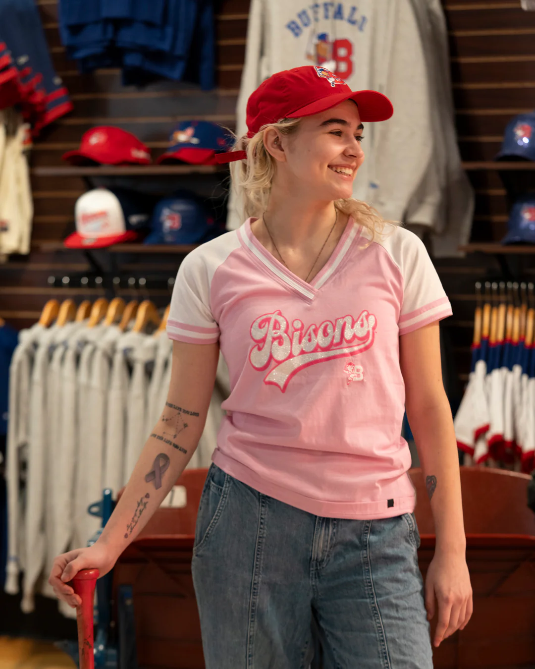 Women's New Era Buffalo Bisons Glitter Pink & White V-Neck - Image 5