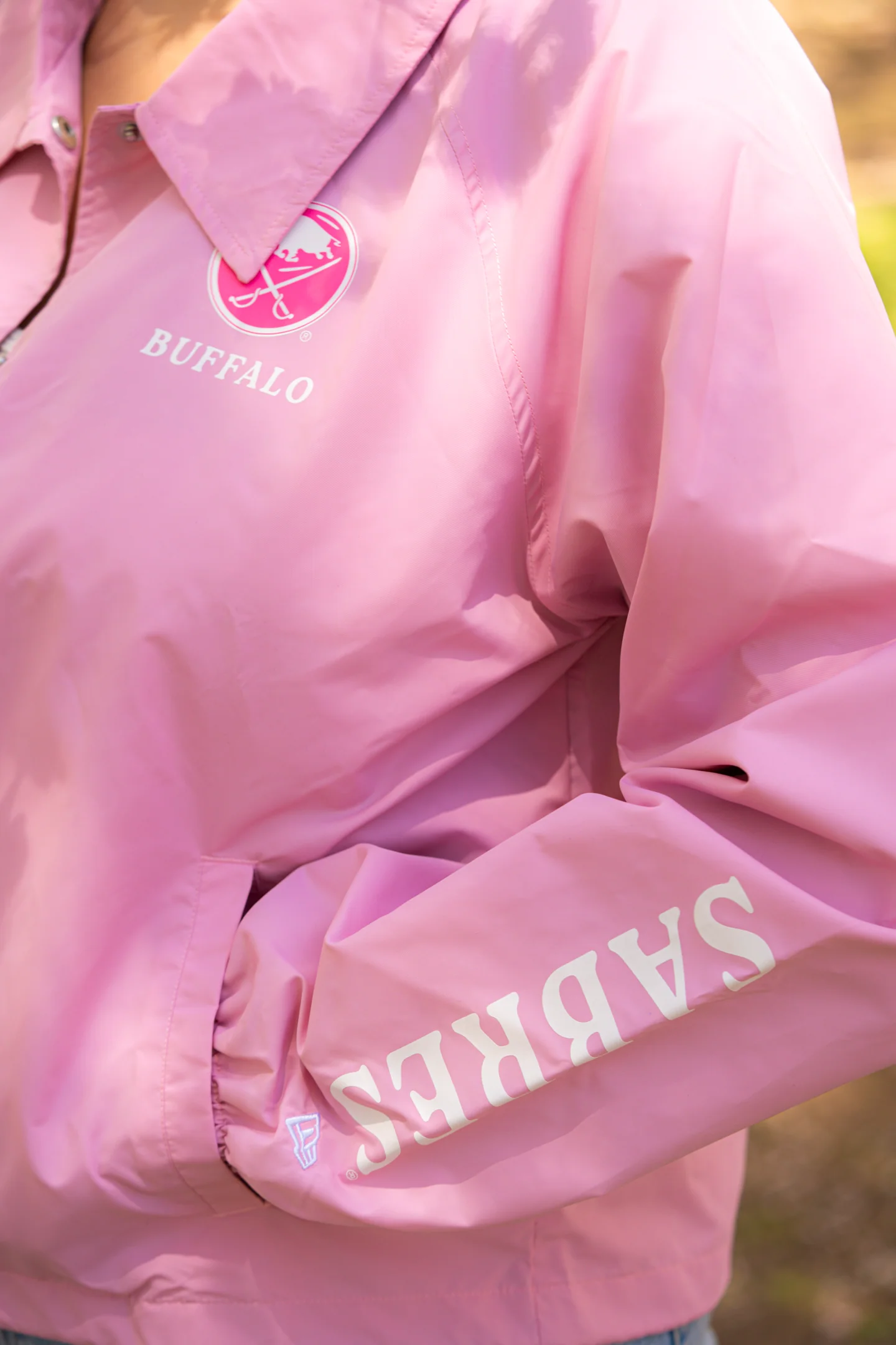 Women's New Era Sabres Pink Cropped Lightweight Button Jacket - Image 3