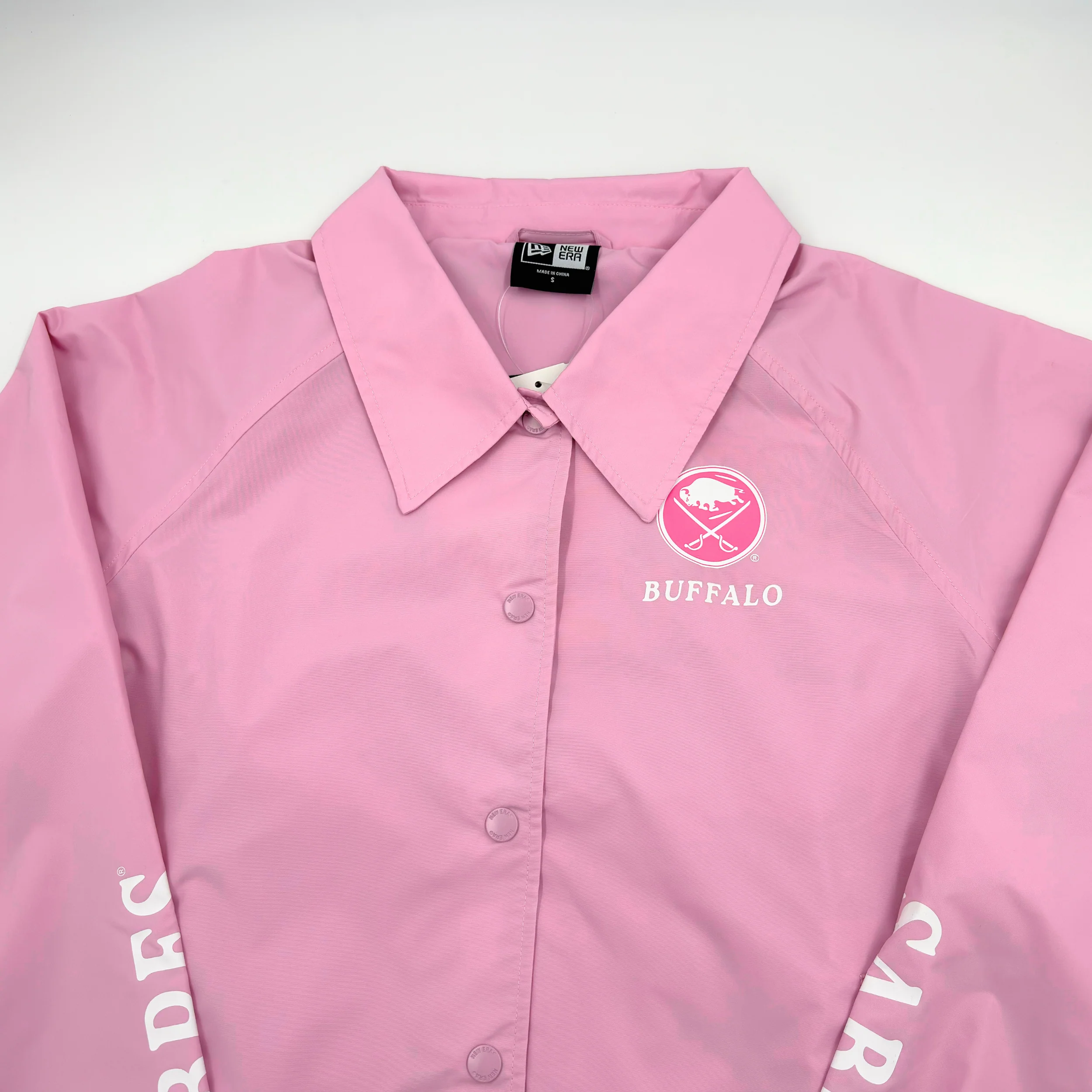 Women's New Era Sabres Pink Cropped Lightweight Button Jacket - Image 4