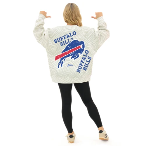Zubaz Buffalo Bills White & Gray Colorblocking 90s Drop Shoulder Crewneck Sweatshirt - Image 5